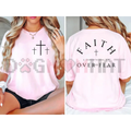 Faith Over Fear Minimalist Cross Graphic Tee - Dual-Sided Pink 2 Corinthians 5:7 Elegant Christian Cotton Women's T-Shirt