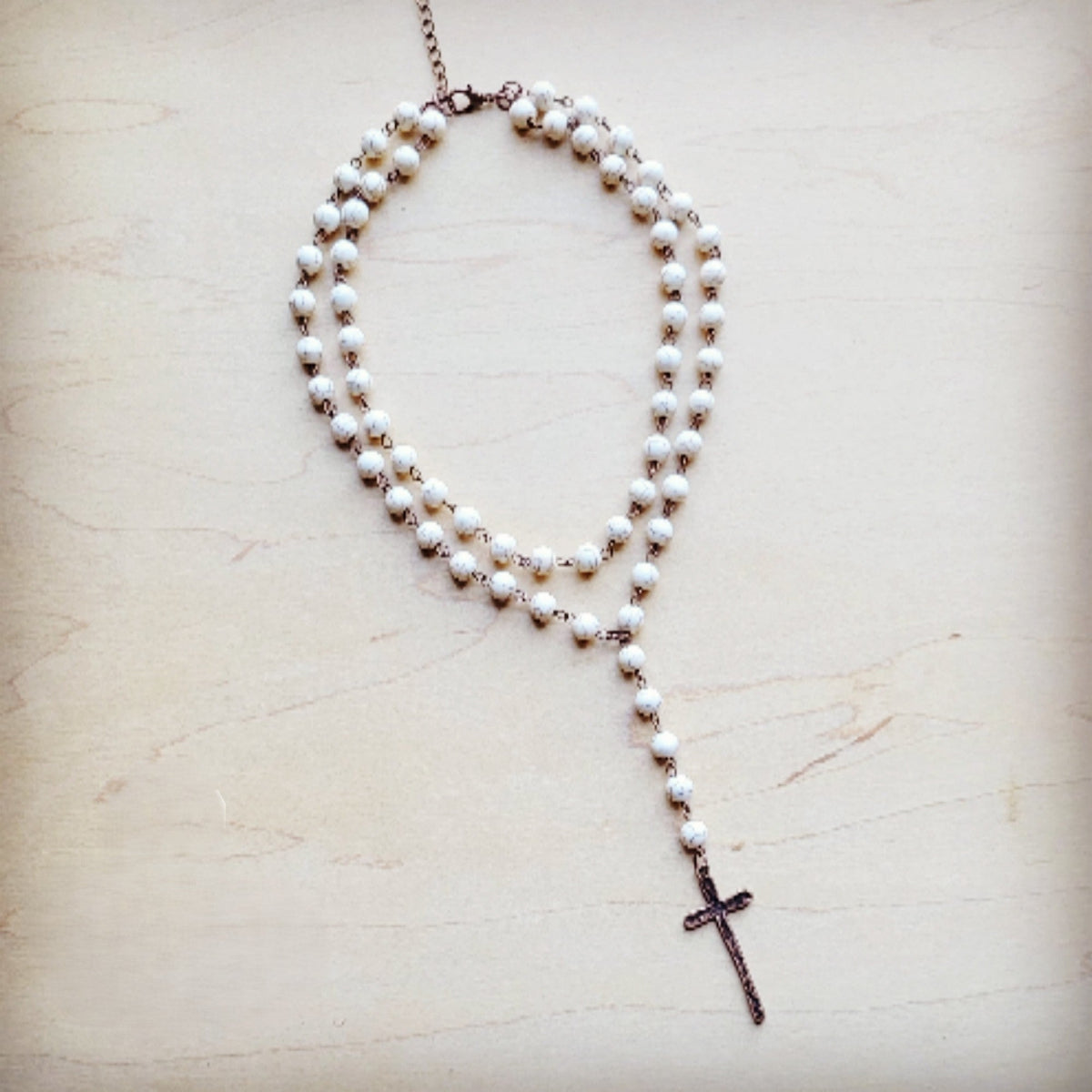 Double Strand Lariat White Turquoise Necklace w/ Cross Pendant 259r