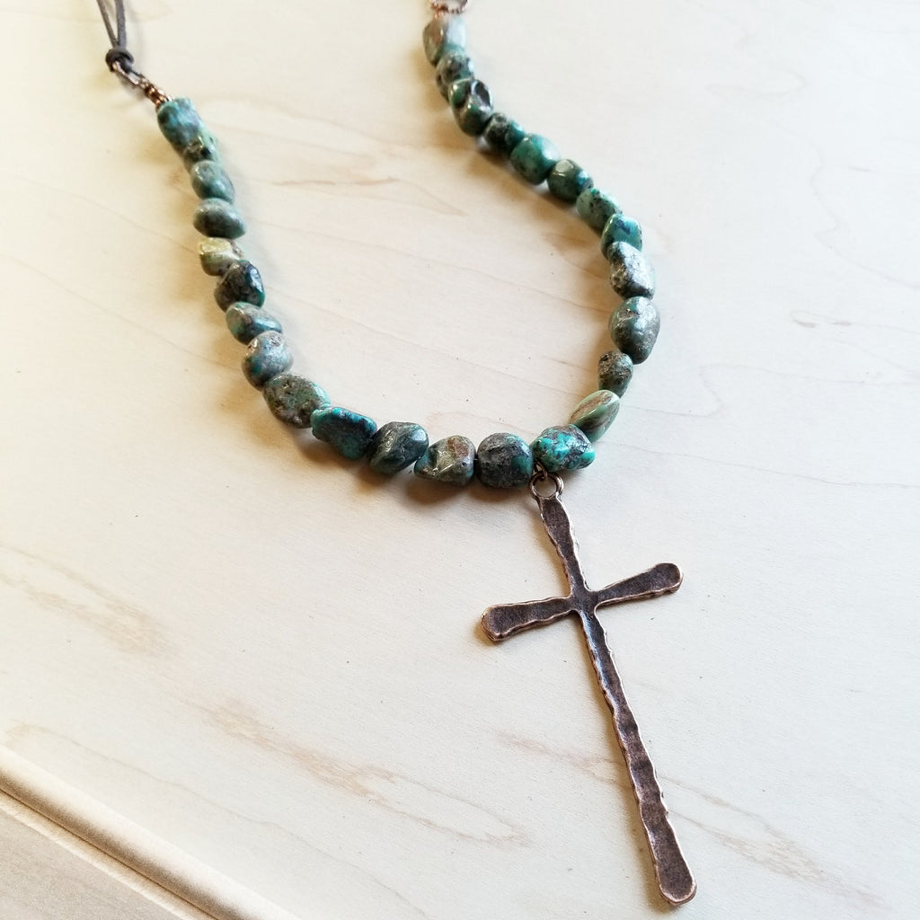 Natural Turquoise Beaded Necklace wi/ Copper Cross Pendant 242u