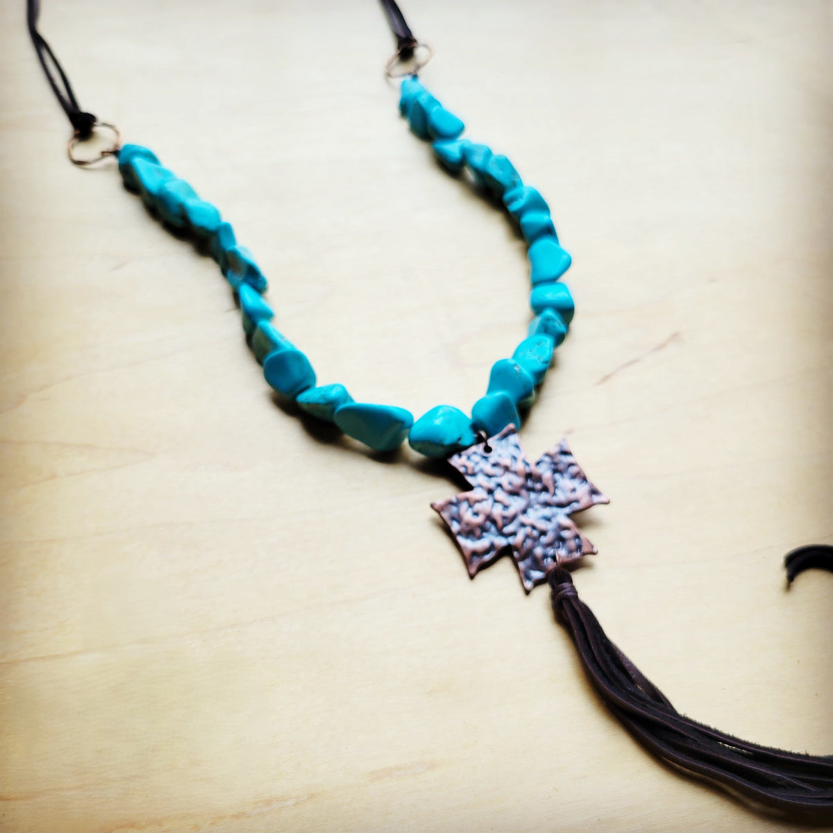 **Chunky Magnesite Beaded Cross Necklace w/ Leather Tassel 258j