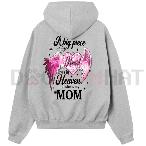 "A Big Piece Of My Heart Lives In Heaven Mom" Angel Wing Memorial Back Print Hoodie