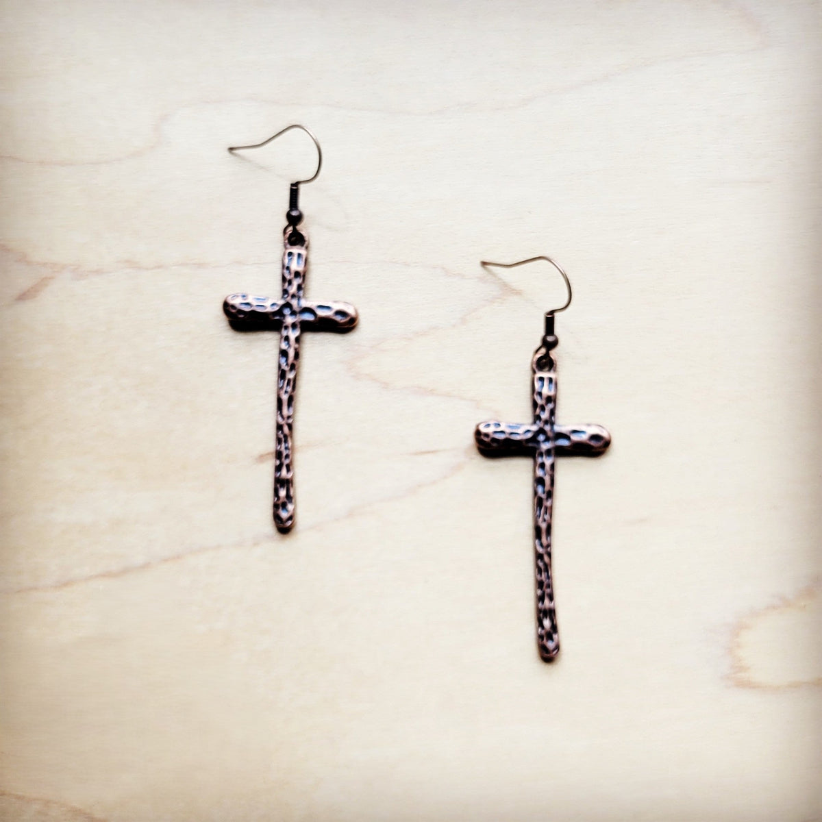 Narrow Hammered Copper Cross Earrings 220q
