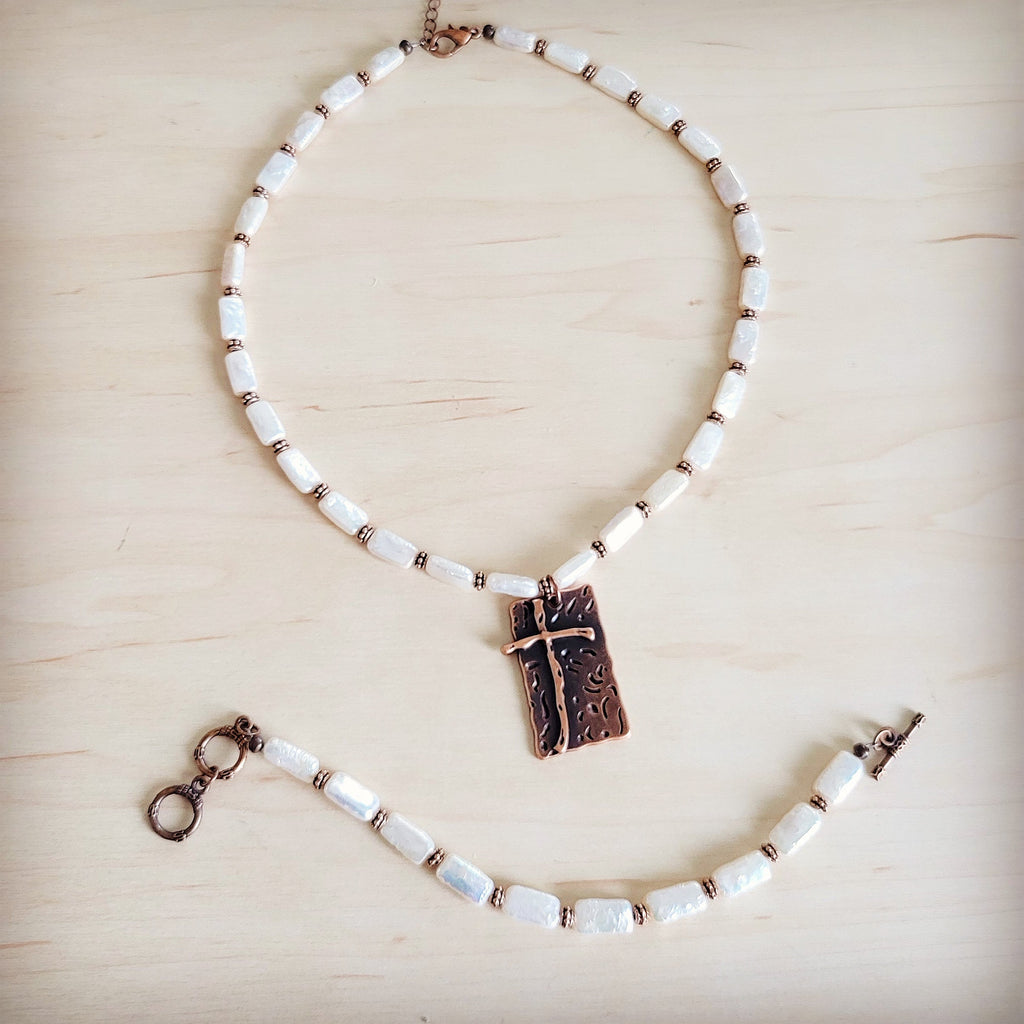 **Rectangle Freshwater Pearl & Copper Necklace w/ Antique Cross Pendant 264a