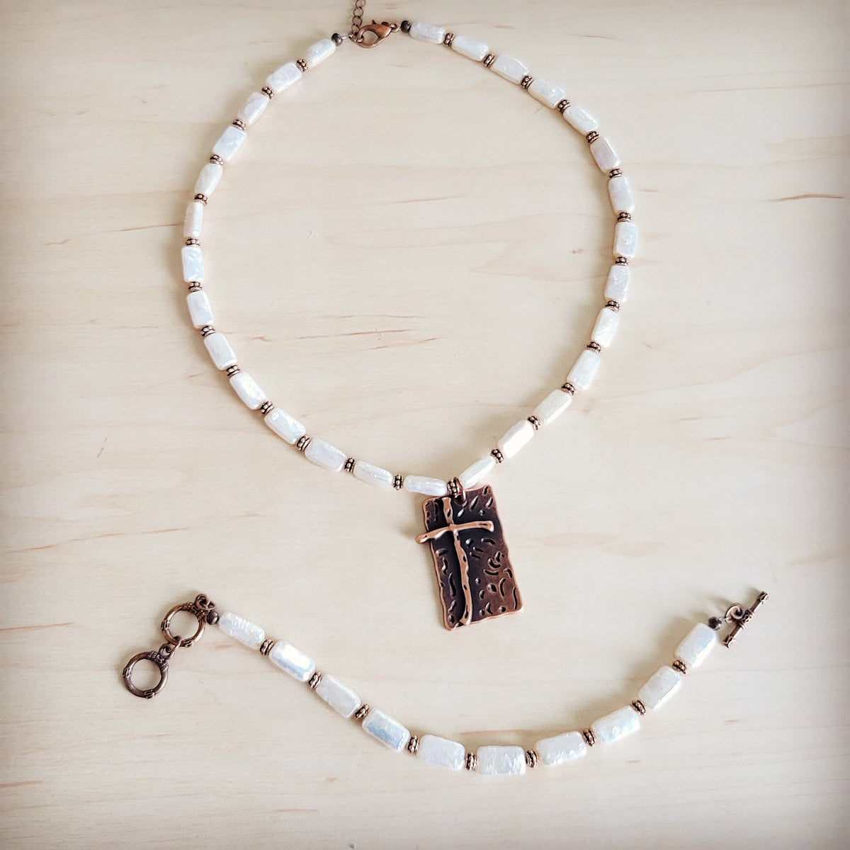 **Rectangle Freshwater Pearl & Copper Necklace w/ Antique Cross Pendant 264a