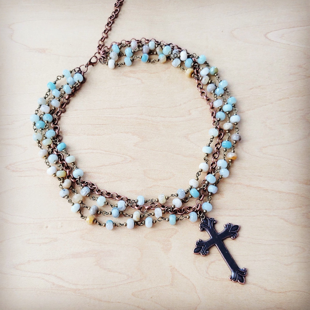 Amazonite Beaded Collar Necklace w/ Cross Pendant 261a