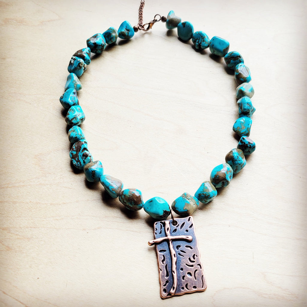 Blue Turquoise Collar Necklace w/ Copper Cross Pendant 259x