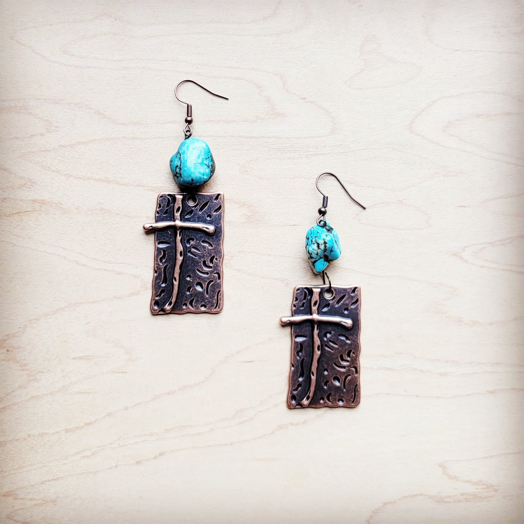 Copper Cross Earrings w/ Blue Turquoise Chunks 225e