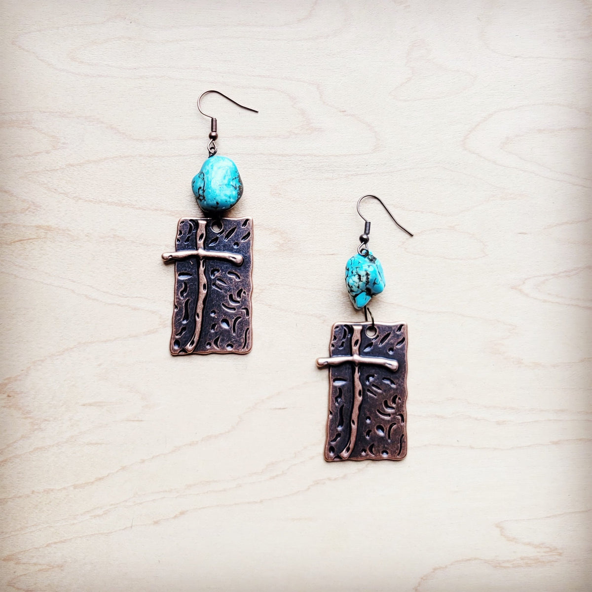 Copper Cross Earrings w/ Blue Turquoise Chunks 225e