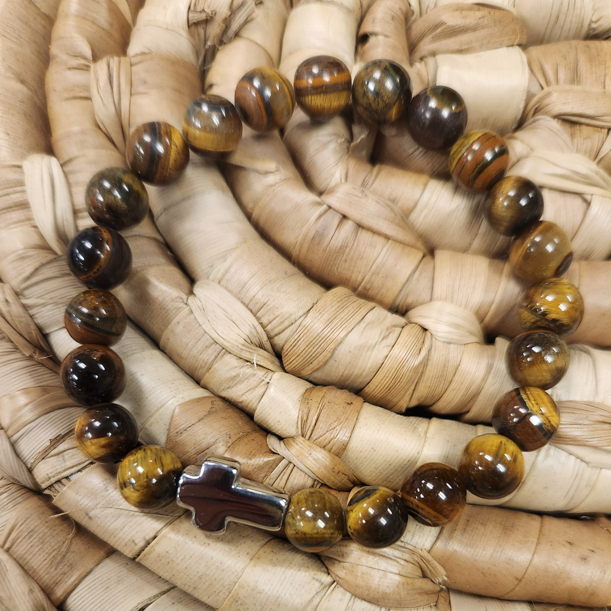 Adam Beaded Cross Bracelet - Tiger Eye