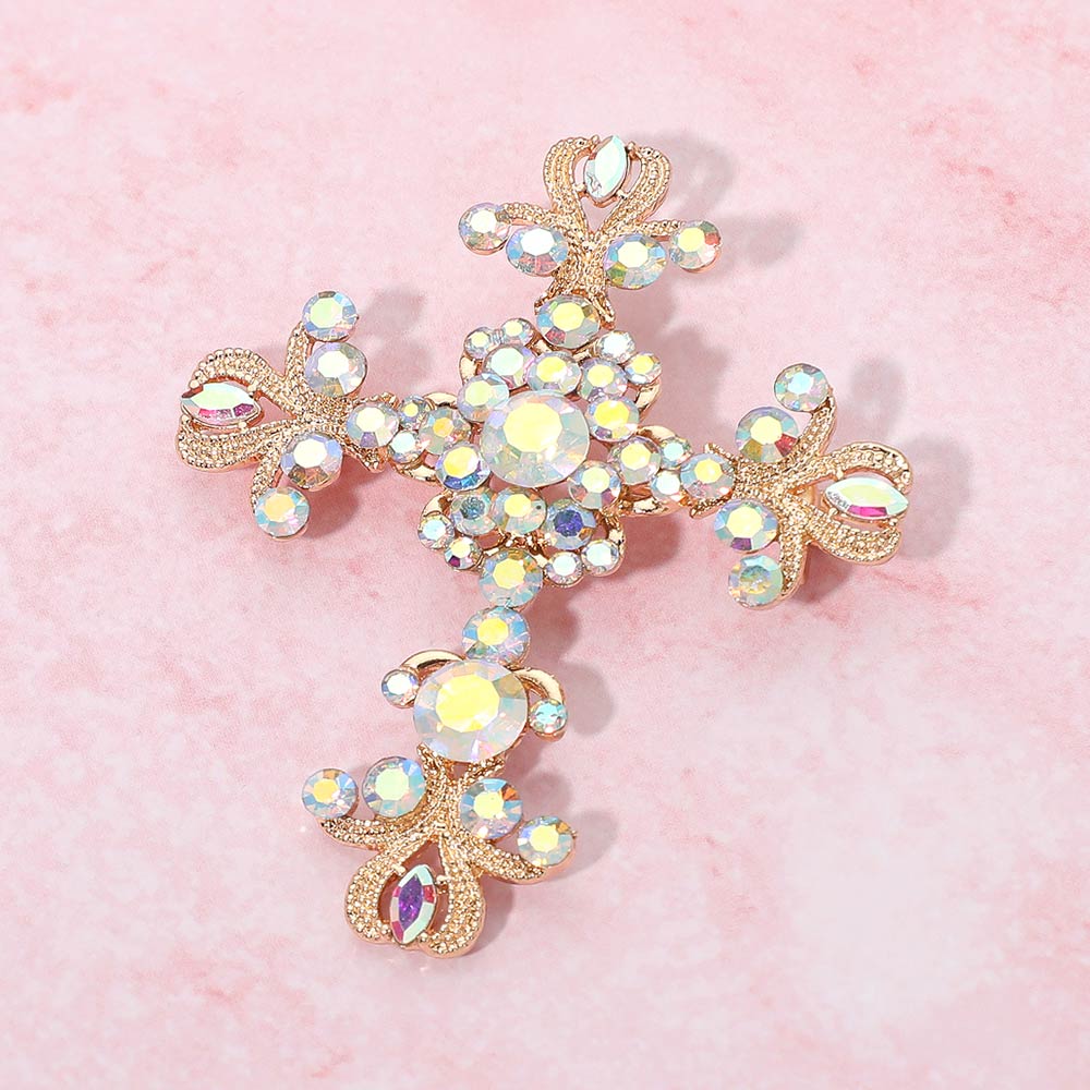 Elegant Stone Embellished Cross Pin Brooch
