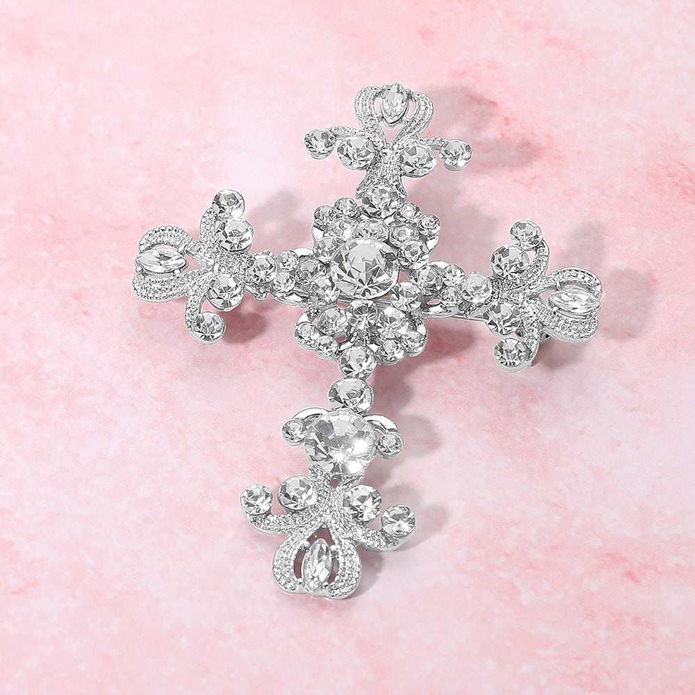 Elegant Stone Embellished Cross Pin Brooch