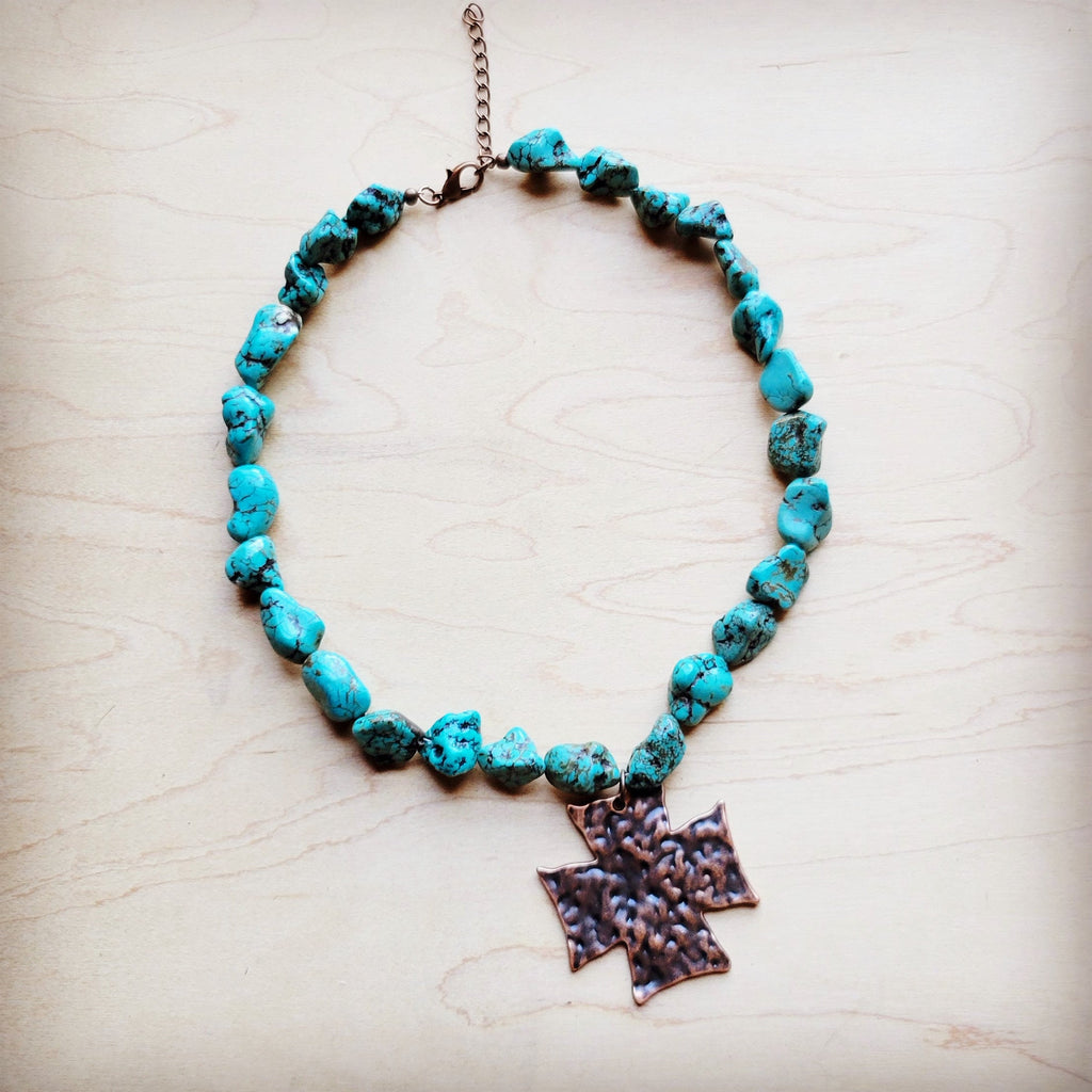 **Chunky Blue Green Turquoise Collar Necklace w/ Cross Pendant 259u