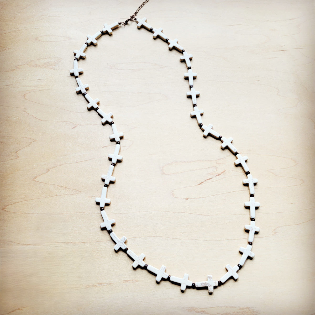 **White Turquoise & Wood Beaded Cross Necklace 258o