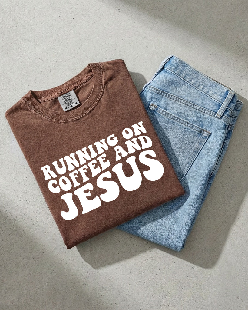 Running On Coffee and Jesus Comfort Colors T-Shirt, Christian Faith Gift
