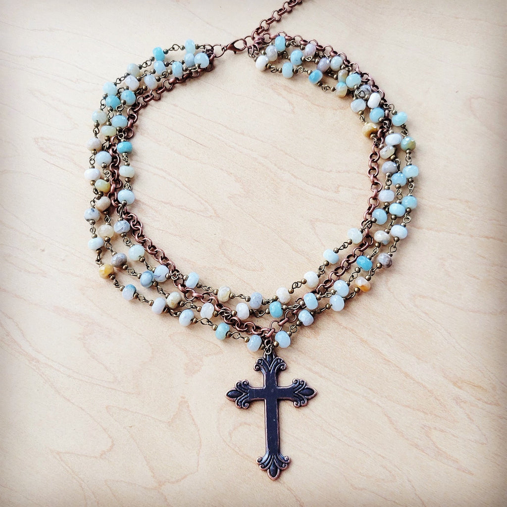 Amazonite Beaded Collar Necklace w/ Cross Pendant 261a