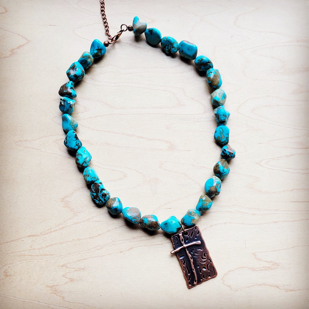 Blue Turquoise Collar Necklace w/ Copper Cross Pendant 259x