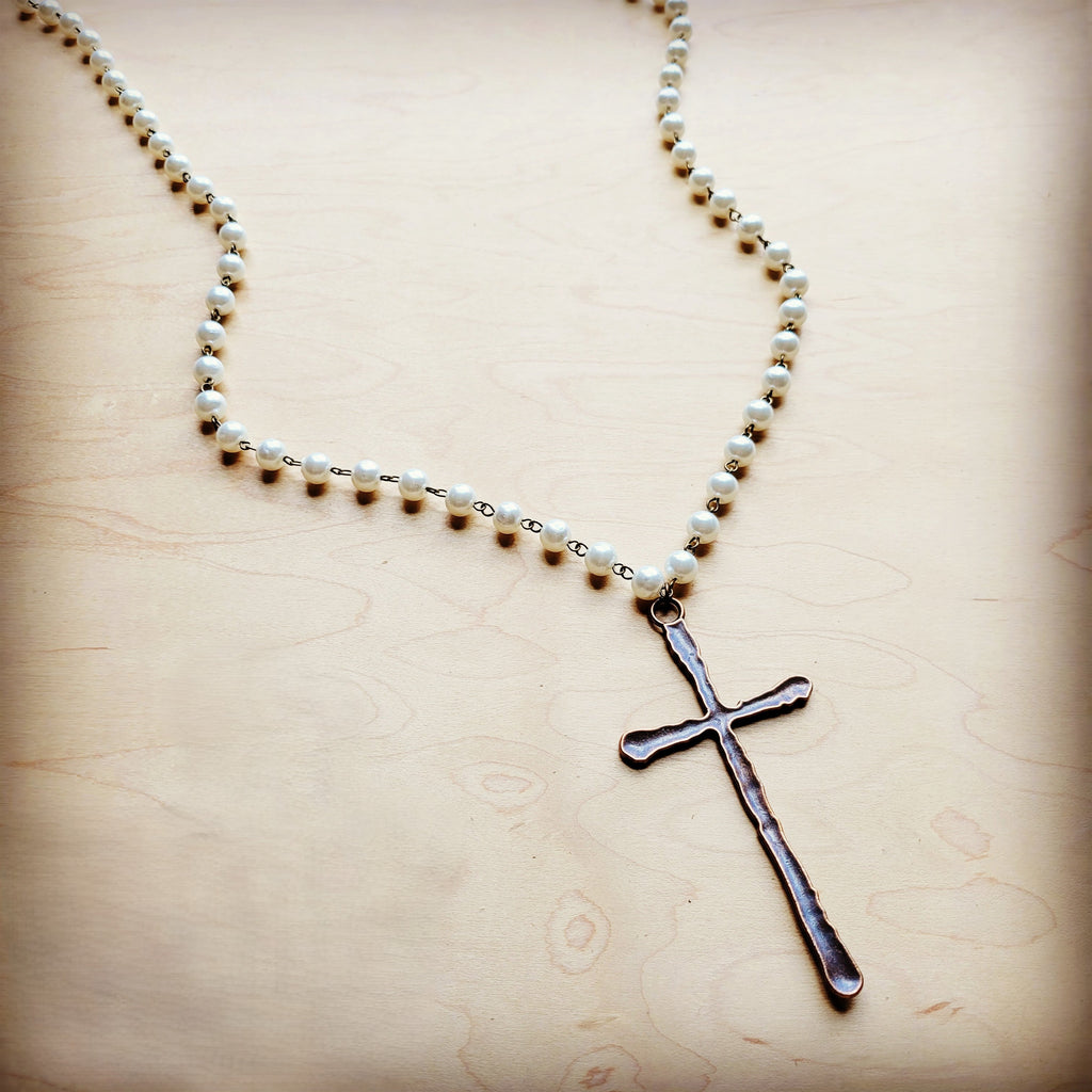 Pearl Long Beaded Necklace with Antique Copper Cross 255t