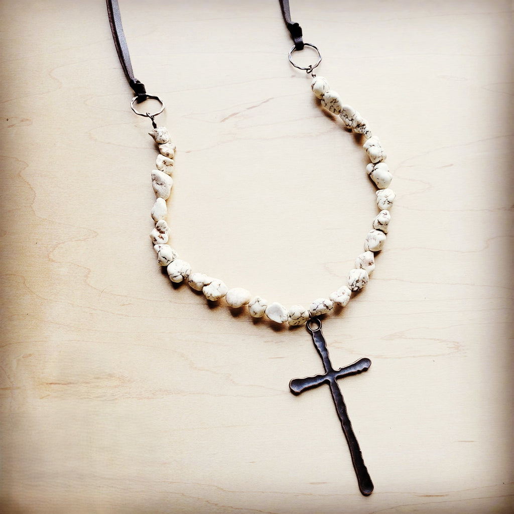 White Chunky Turquoise Necklace w/ Large Copper Cross 254g