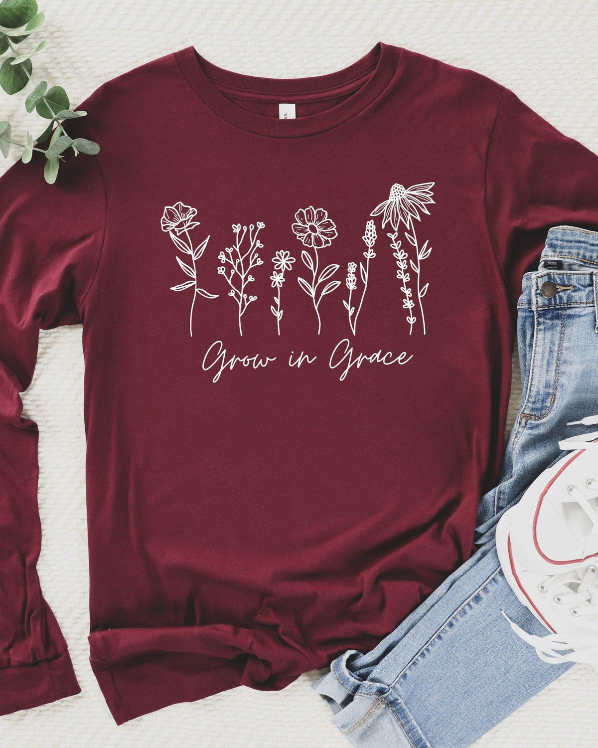 Grow In Grace Christian Botanical Long Sleeve Shirt, Bible Verse Faith Gift