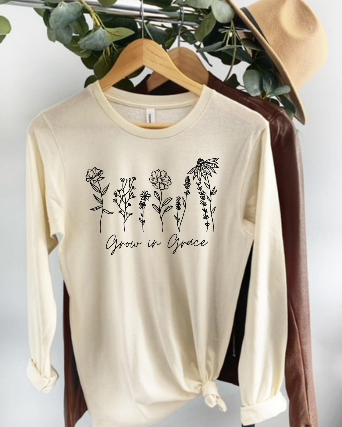 Grow In Grace Christian Botanical Long Sleeve Shirt, Bible Verse Faith Gift