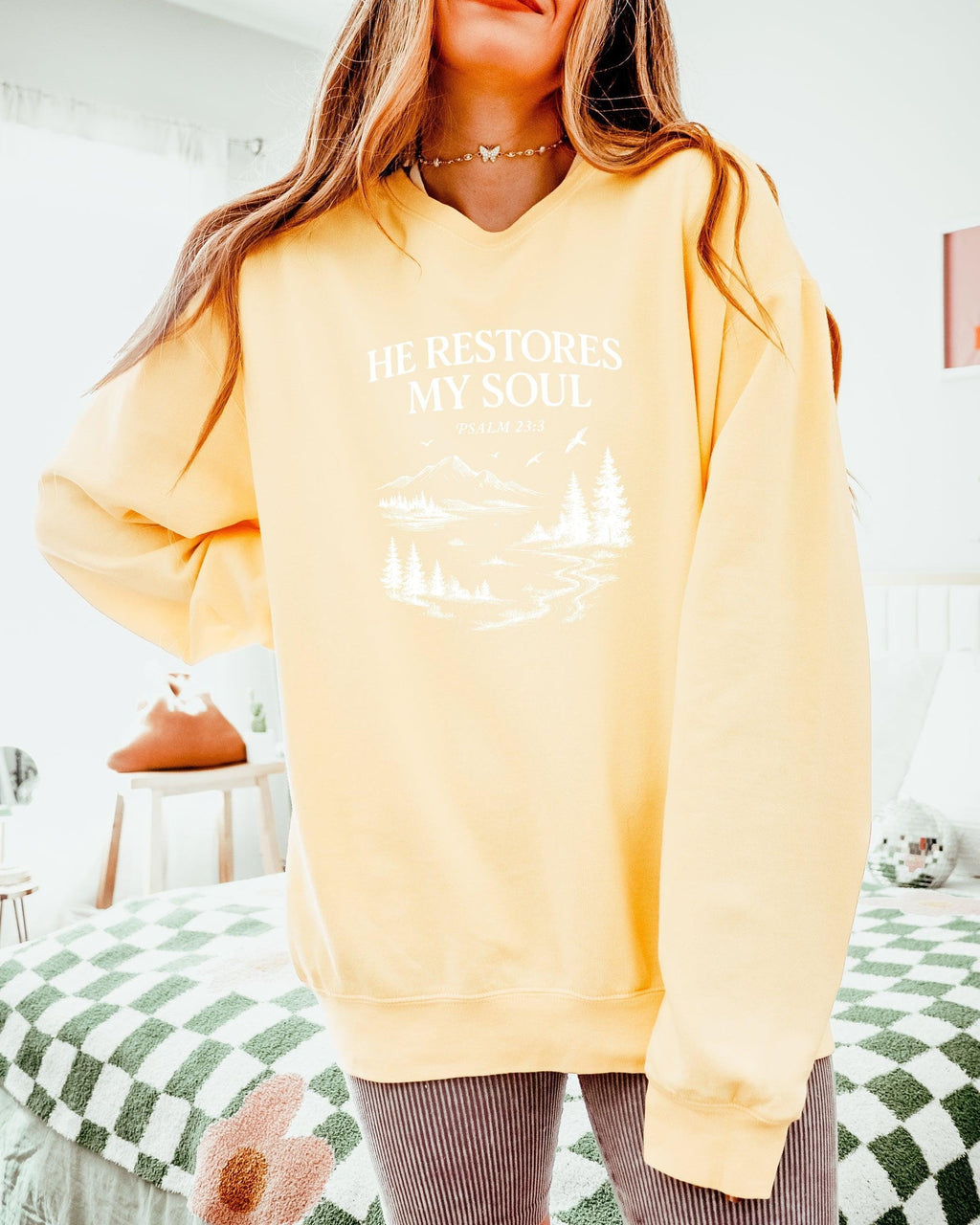 He Restores My Soul Psalm Christian Comfort Colors Sweatshirt, Bible Faith Gift