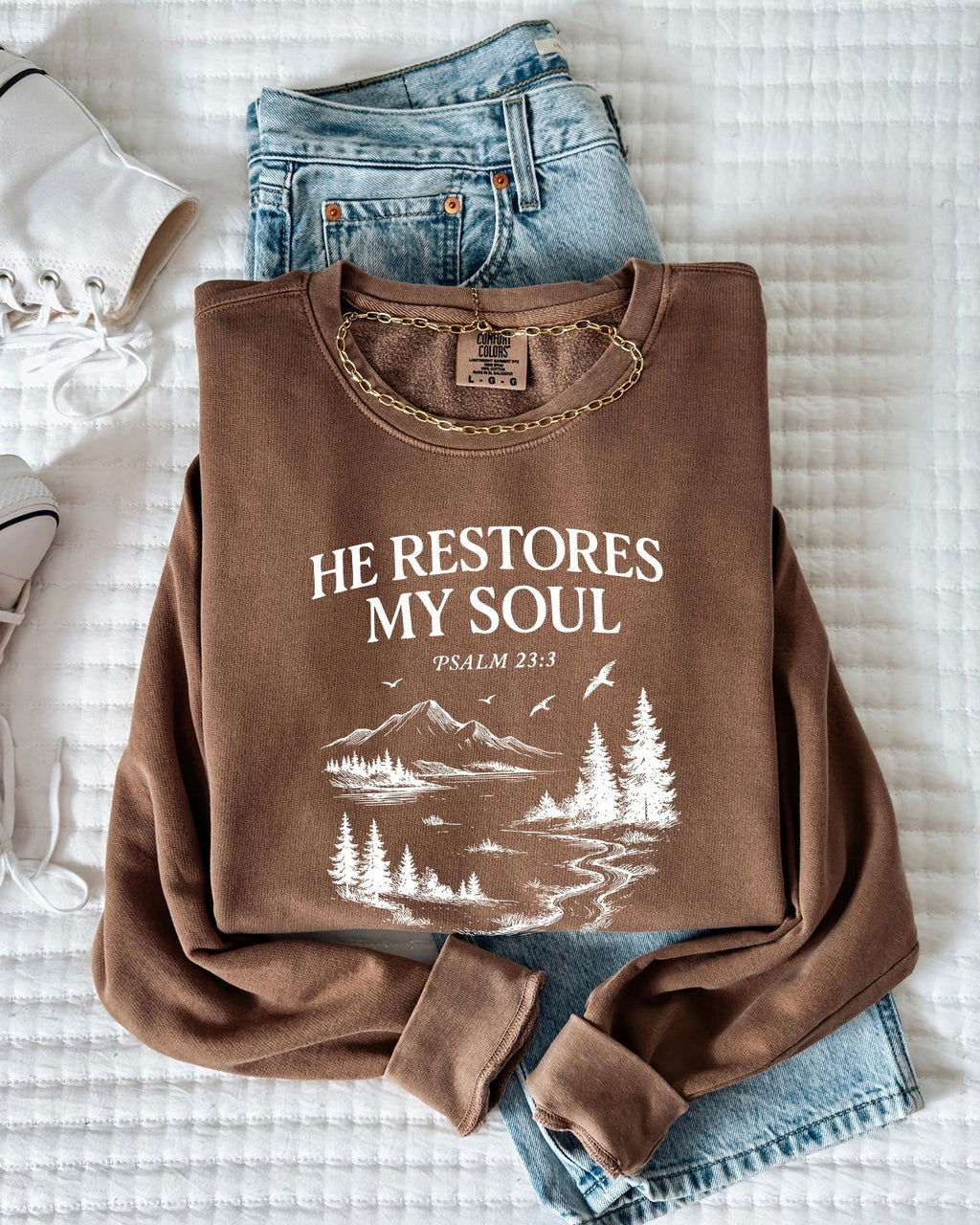 He Restores My Soul Psalm Christian Comfort Colors Sweatshirt, Bible Faith Gift