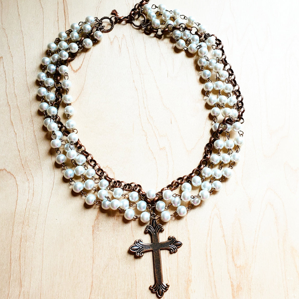 Pearl and Copper Beaded Collar Necklace with Copper Cross 114G