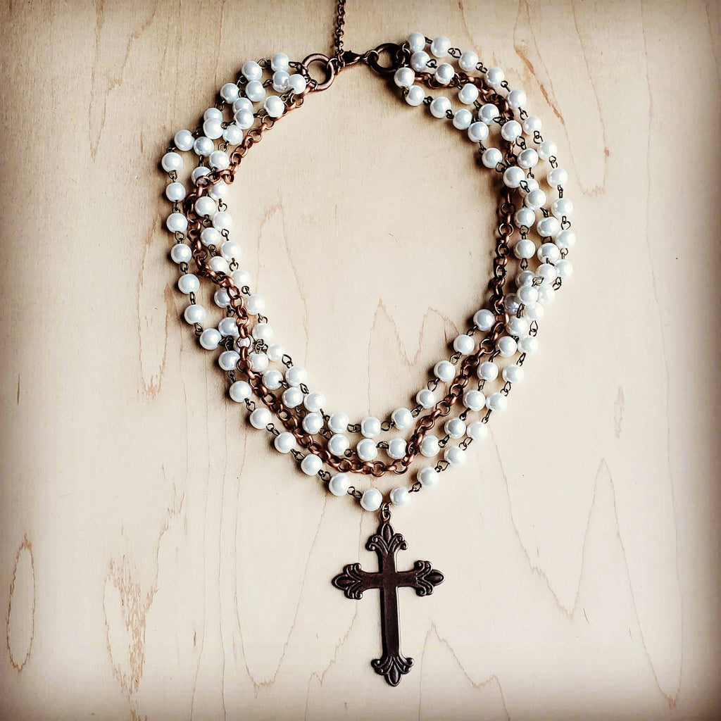 Pearl and Copper Beaded Collar Necklace with Copper Cross 114G