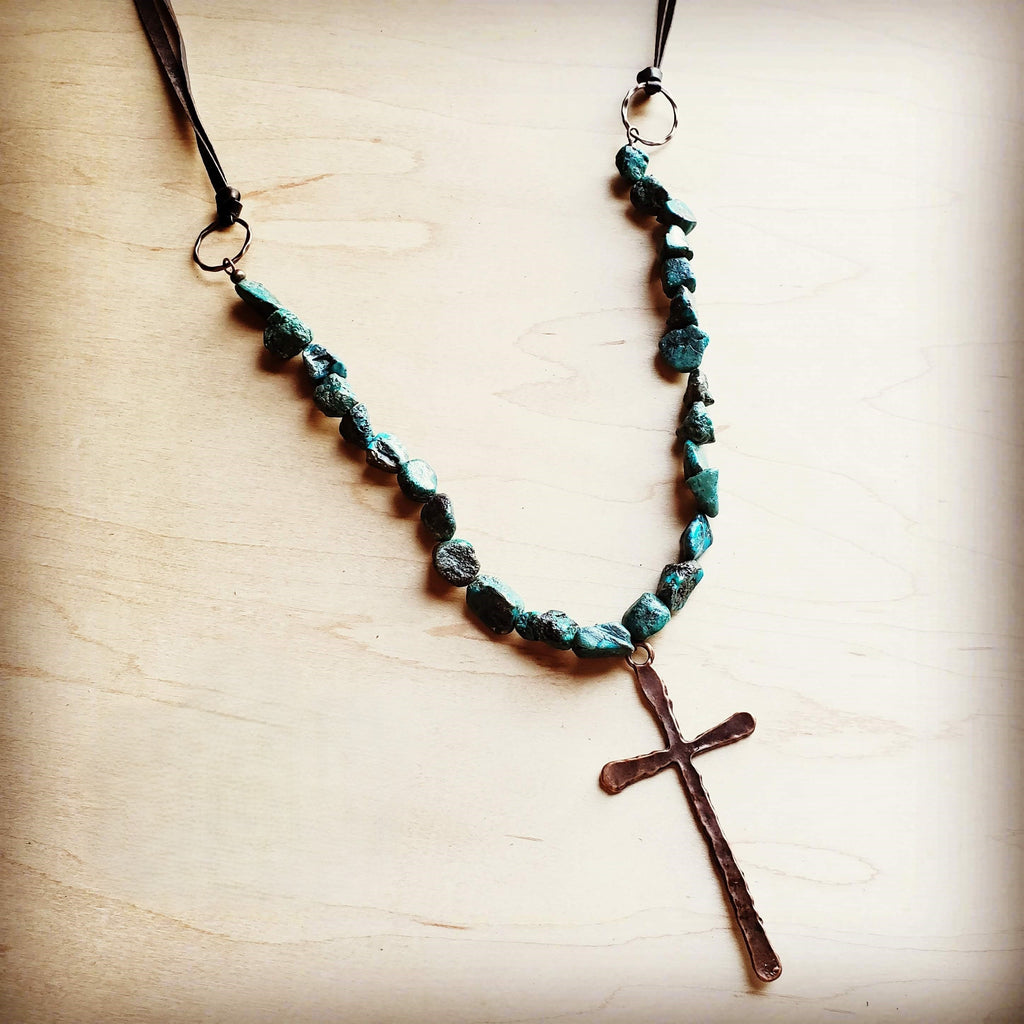Natural Turquoise Beaded Necklace wi/ Copper Cross Pendant 242u