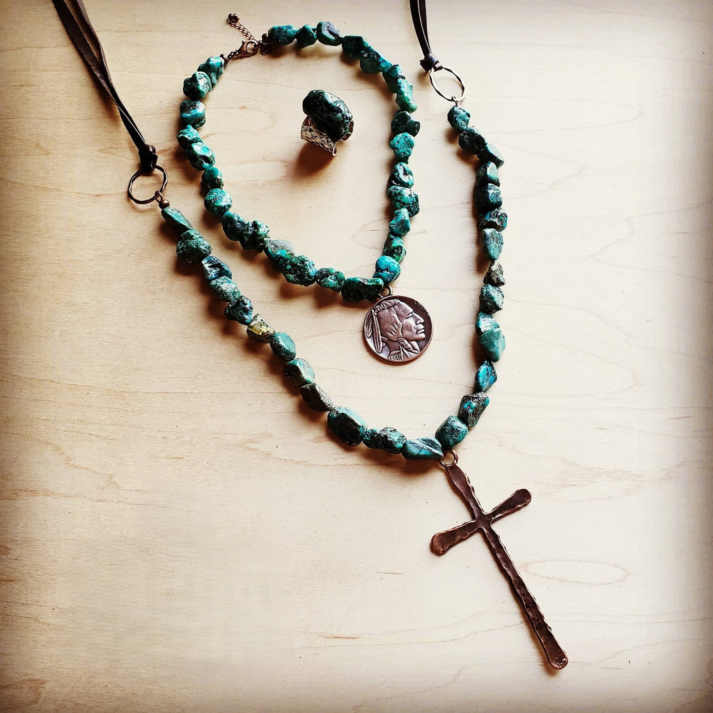 Natural Turquoise Beaded Necklace wi/ Copper Cross Pendant 242u