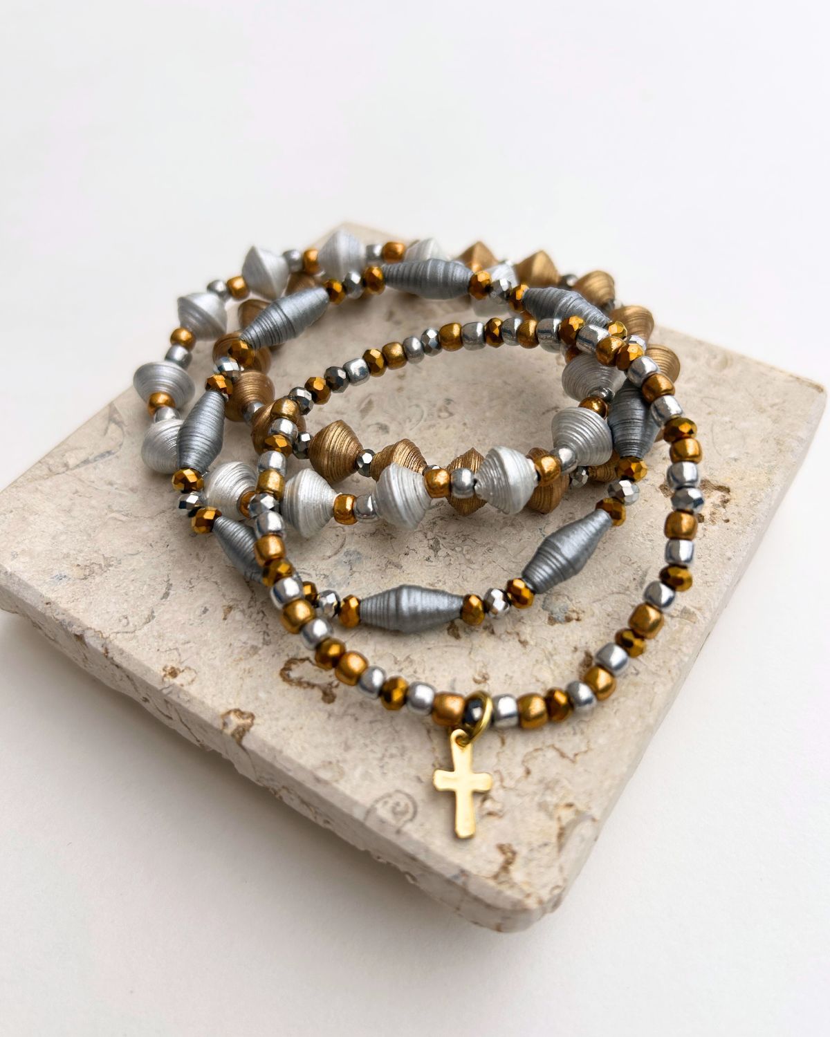 Aniah Recycled Paper Bead Bracelet Set with Cross Charm