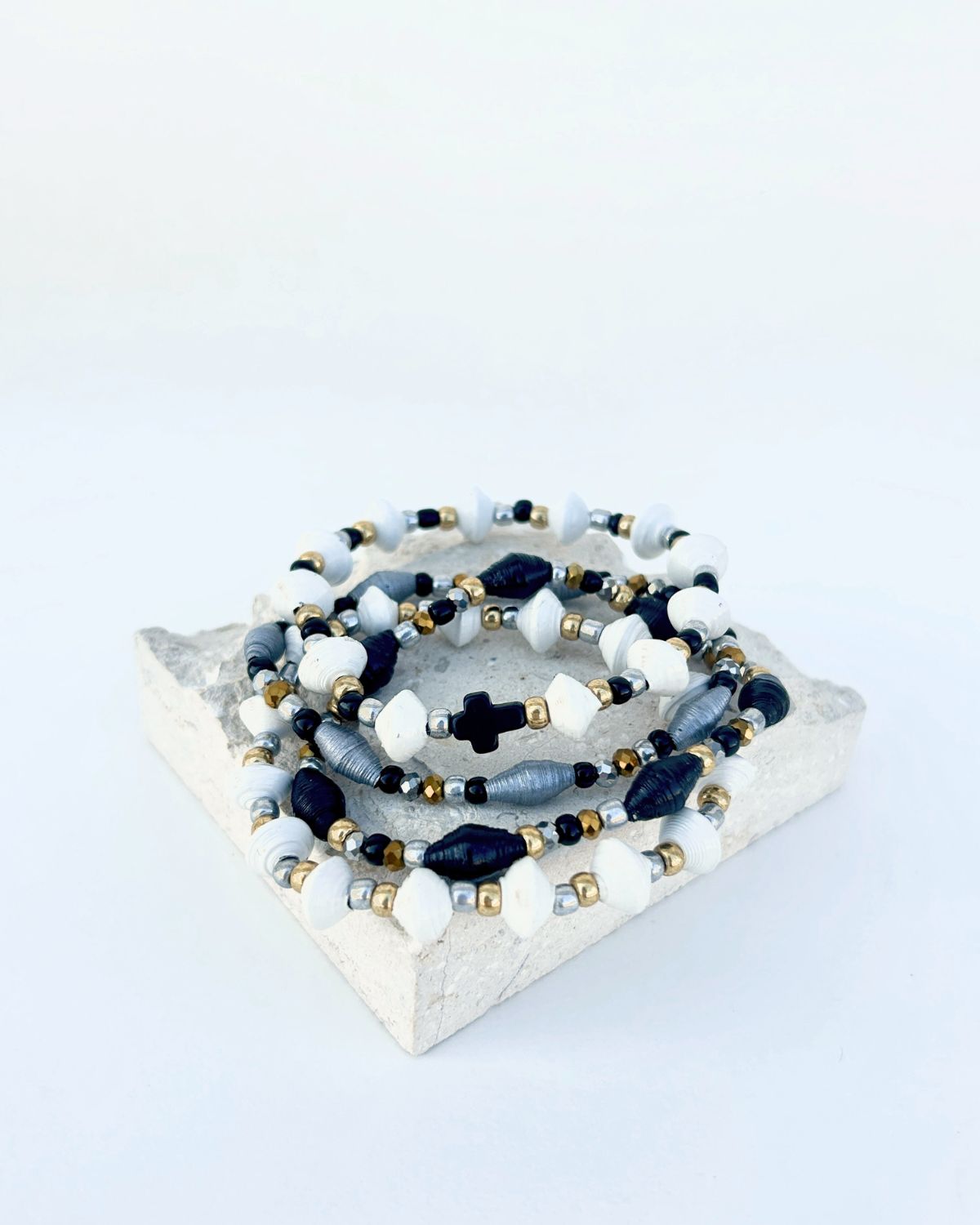 Mirielle Recycled Paper Bead Bracelet Set with Cross Charm
