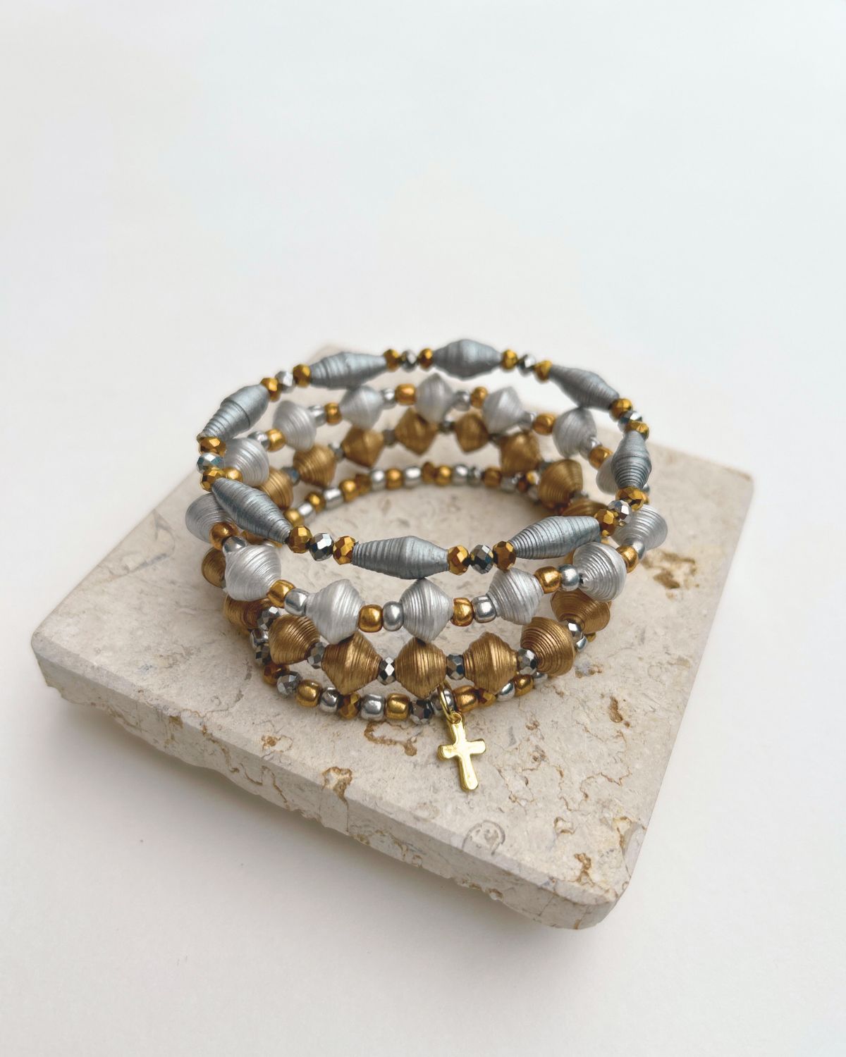 Aniah Recycled Paper Bead Bracelet Set with Cross Charm