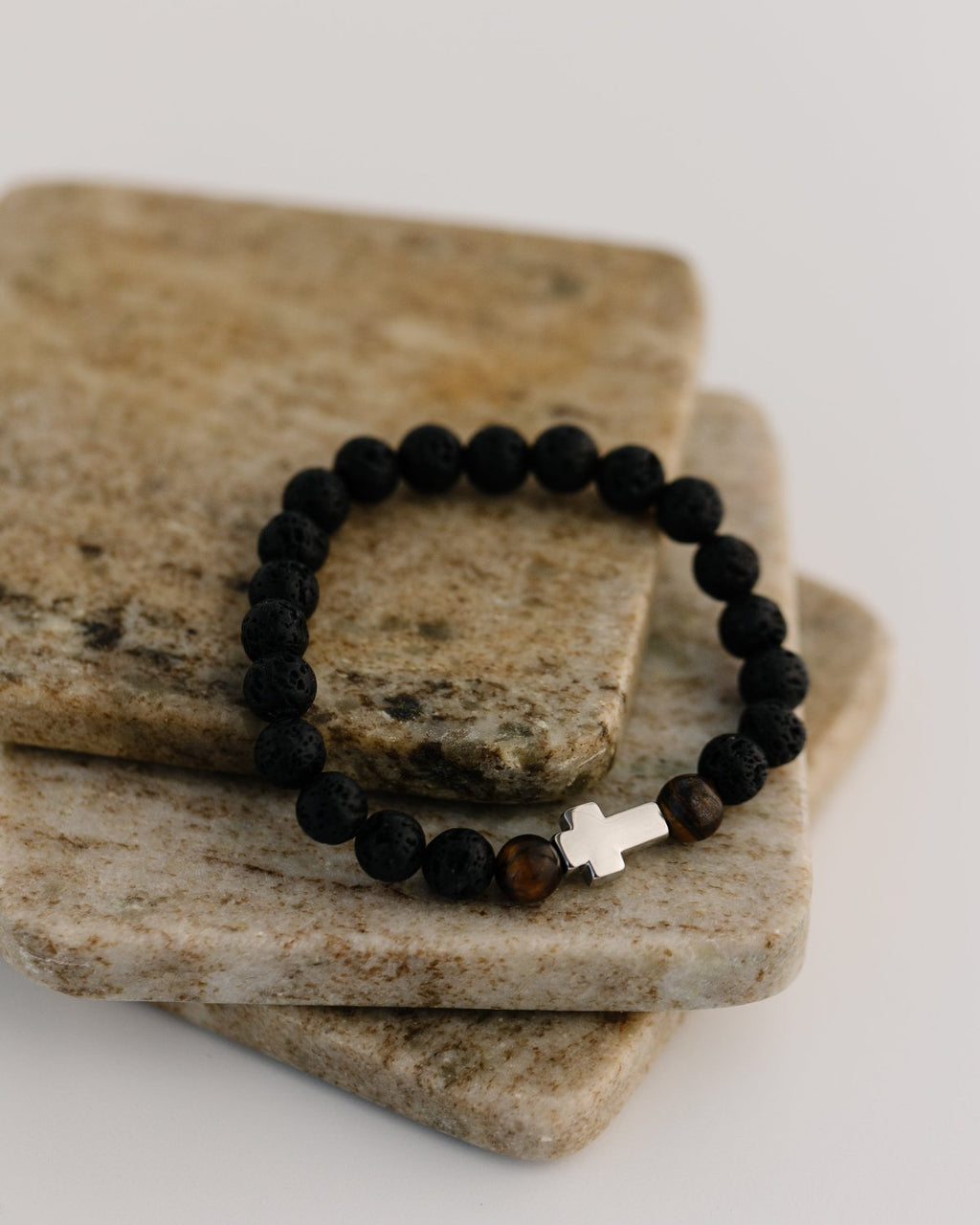 Elijah Beaded Cross Bracelet - Lava and Tiger Eye