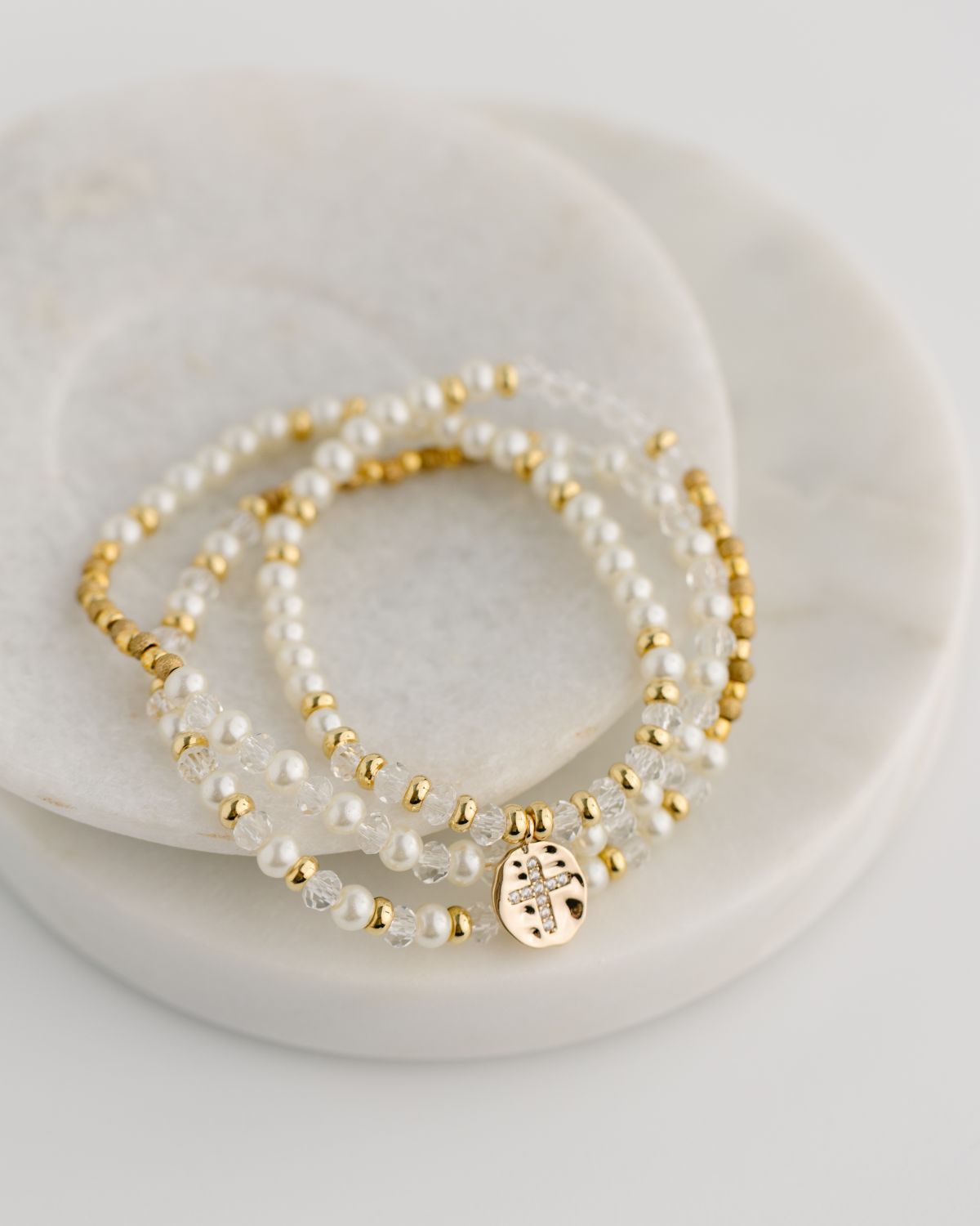 Eden Faux Pearl Stretch Bracelet/Necklace with Cross Charm