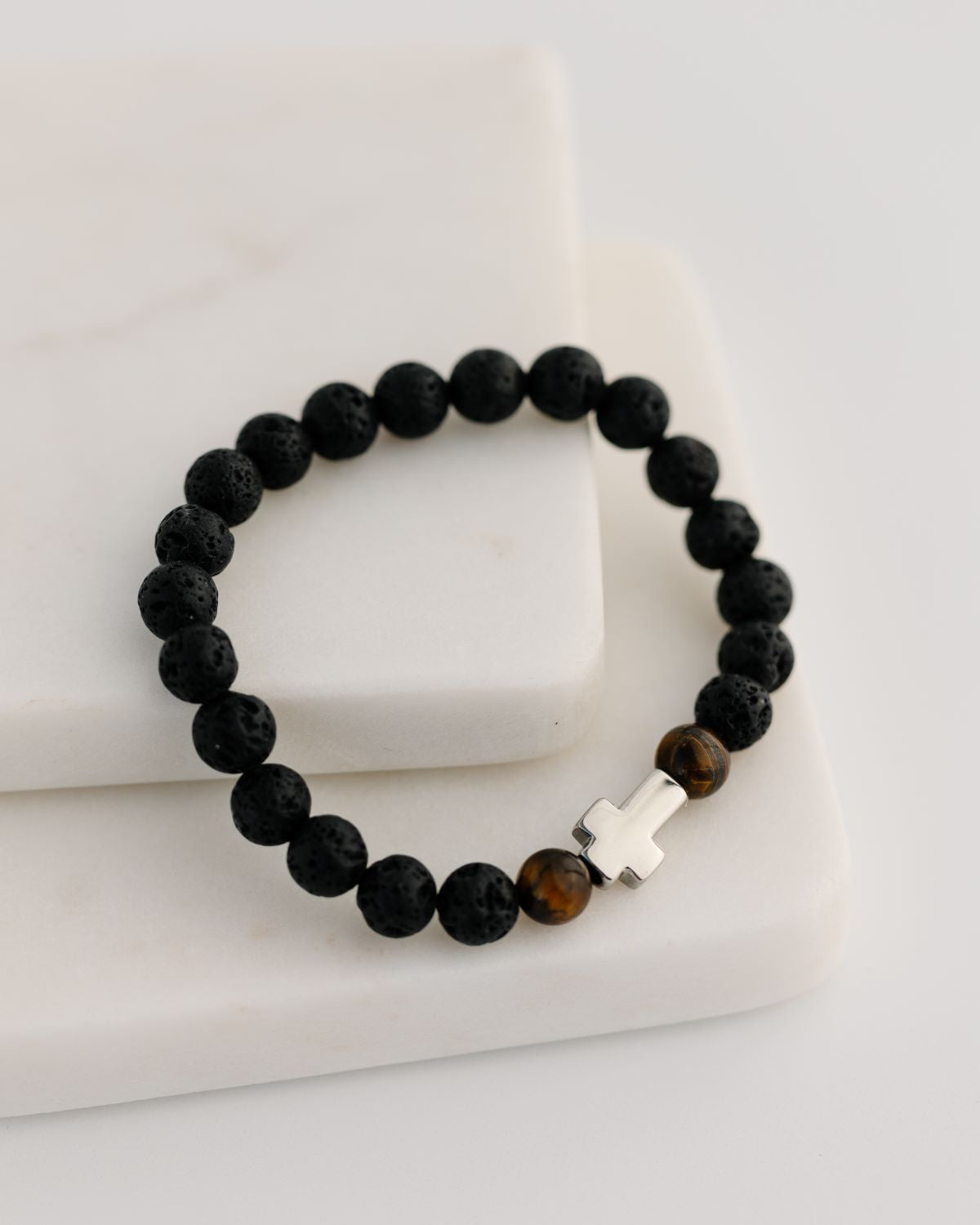 Elijah Beaded Cross Bracelet - Lava and Tiger Eye