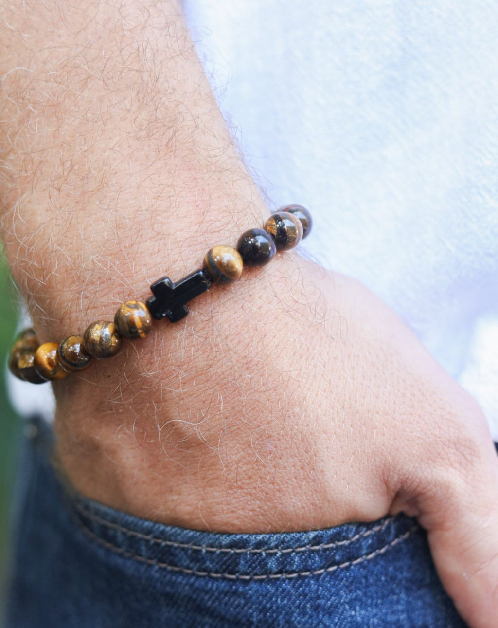 Adam Beaded Cross Bracelet - Tiger Eye