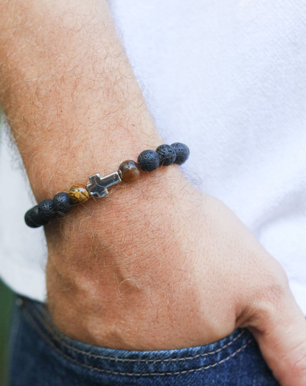 Elijah Beaded Cross Bracelet - Lava and Tiger Eye
