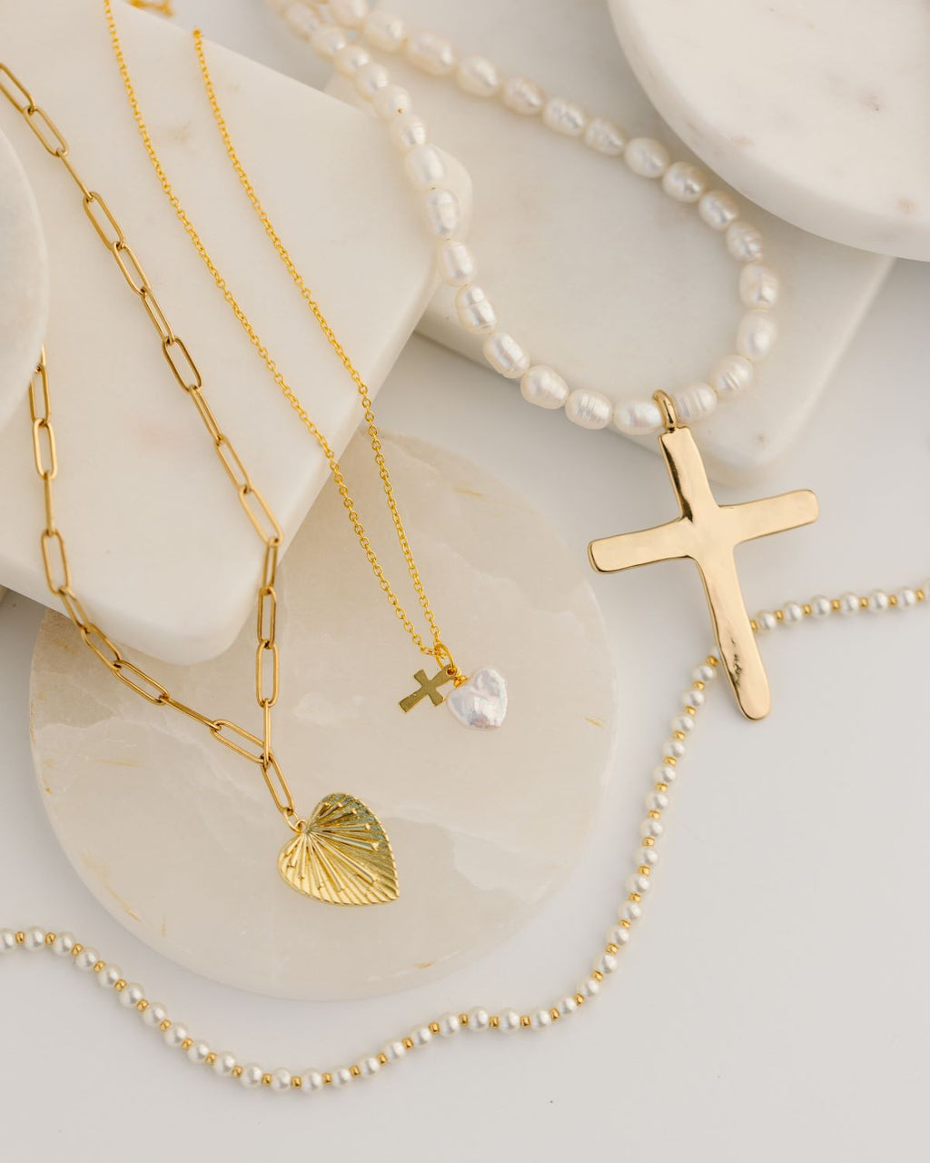 Jadeyn Gold Plated Cross Necklace with Pearl Heart