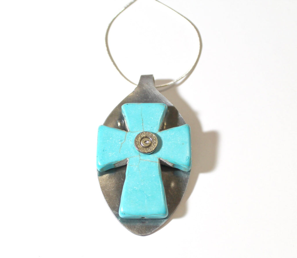 Spoon Art Turquoise Cross With 9mm Bullet Head on Silver Chain, Flatware Jewelry, Gift For Her, Valentines Day Gift, Southwestern