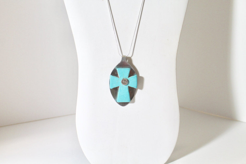 Spoon Art Turquoise Cross With 9mm Bullet Head on Silver Chain, Flatware Jewelry, Gift For Her, Valentines Day Gift, Southwestern