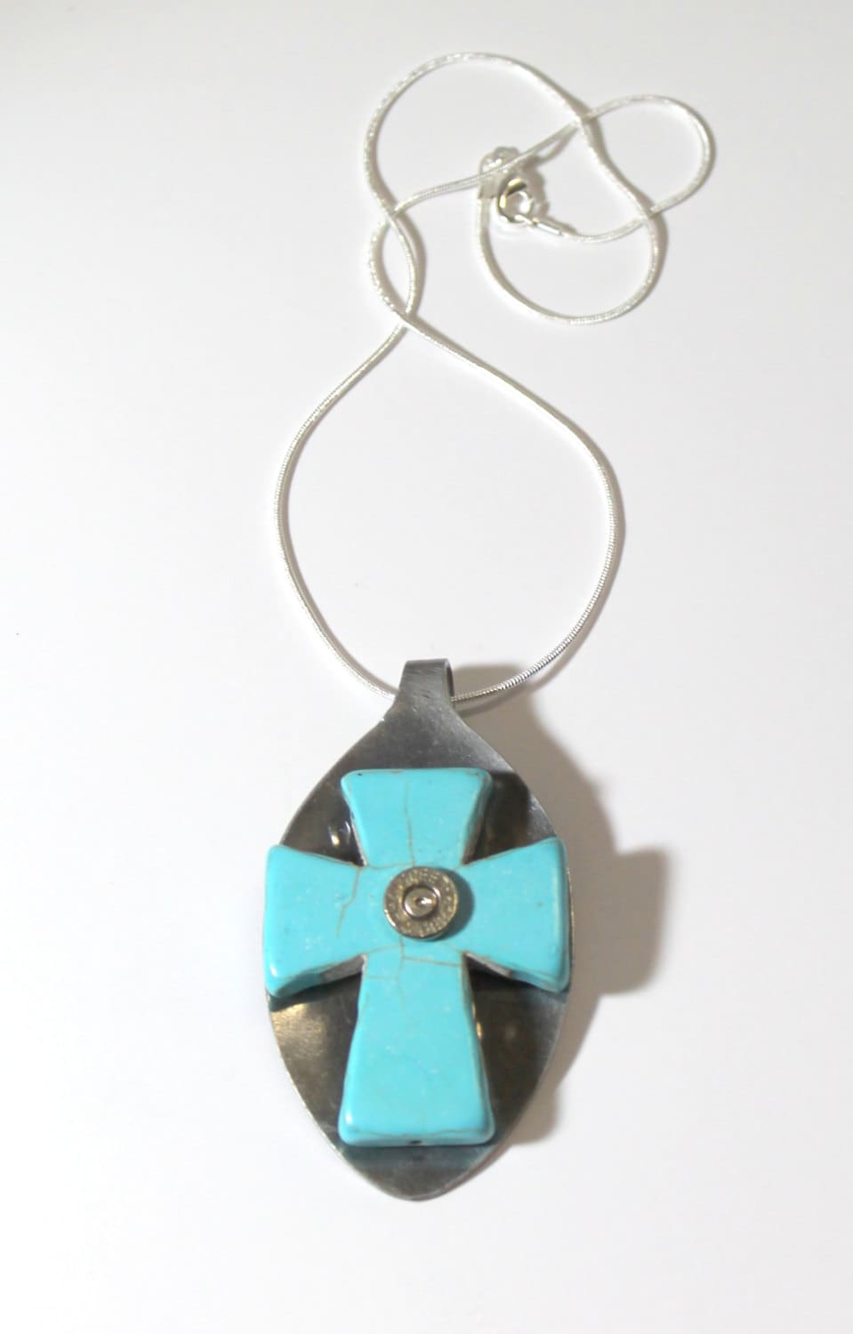 Spoon Art Turquoise Cross With 9mm Bullet Head on Silver Chain, Flatware Jewelry, Gift For Her, Valentines Day Gift, Southwestern