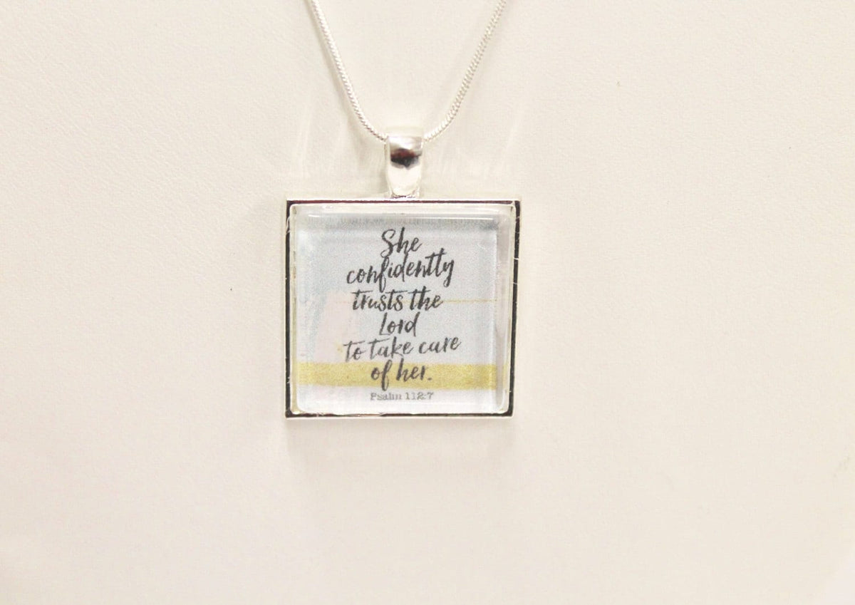 She Confidently Trusts The Lord to Take Care Of Her Psalms 112:7 Pendant on Silver Chain, Bible Verse Jewelry, Religious Jewelry