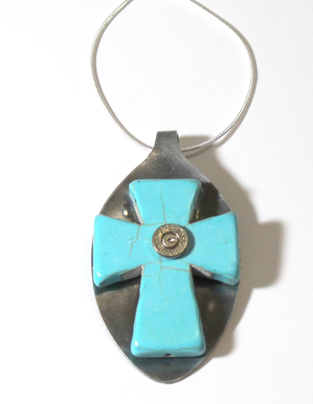 Spoon Art Turquoise Cross With 9mm Bullet Head on Silver Chain, Flatware Jewelry, Gift For Her, Valentines Day Gift, Southwestern