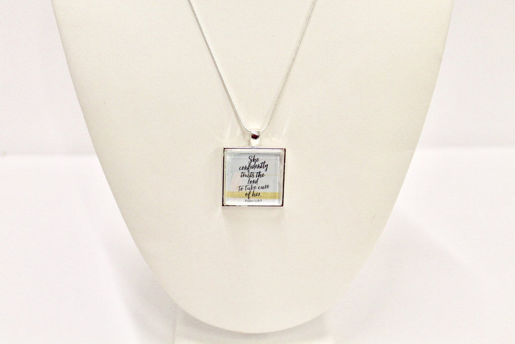 She Confidently Trusts The Lord to Take Care Of Her Psalms 112:7 Pendant on Silver Chain, Bible Verse Jewelry, Religious Jewelry