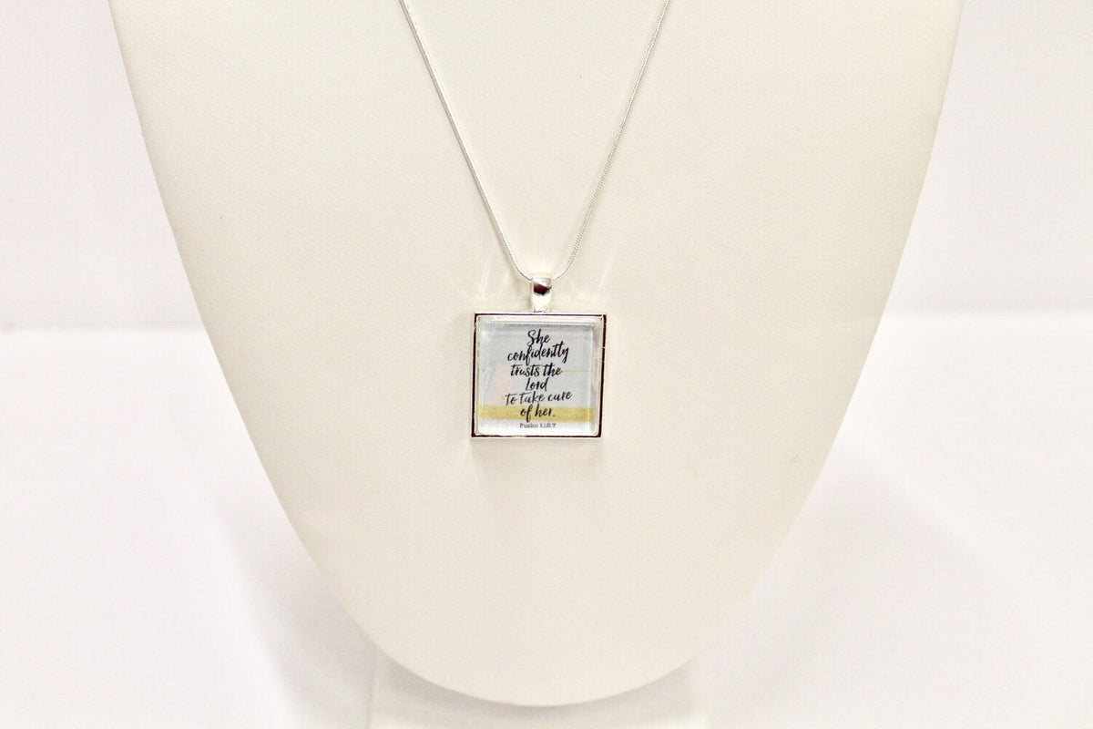 She Confidently Trusts The Lord to Take Care Of Her Psalms 112:7 Pendant on Silver Chain, Bible Verse Jewelry, Religious Jewelry