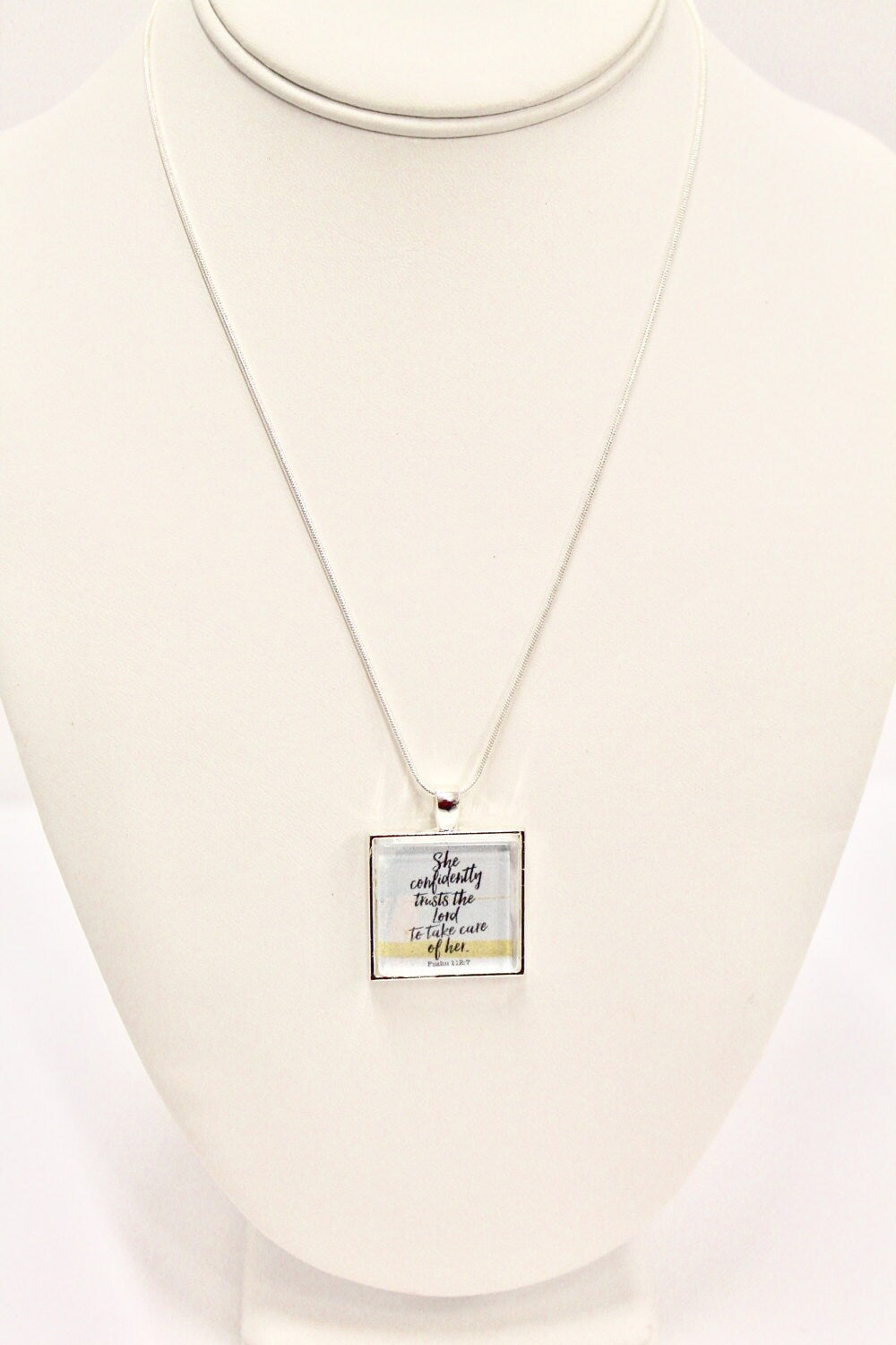 She Confidently Trusts The Lord to Take Care Of Her Psalms 112:7 Pendant on Silver Chain, Bible Verse Jewelry, Religious Jewelry