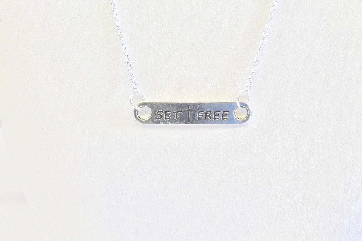 Set Free Cross Pendant Bar Necklace — Baptism Gift