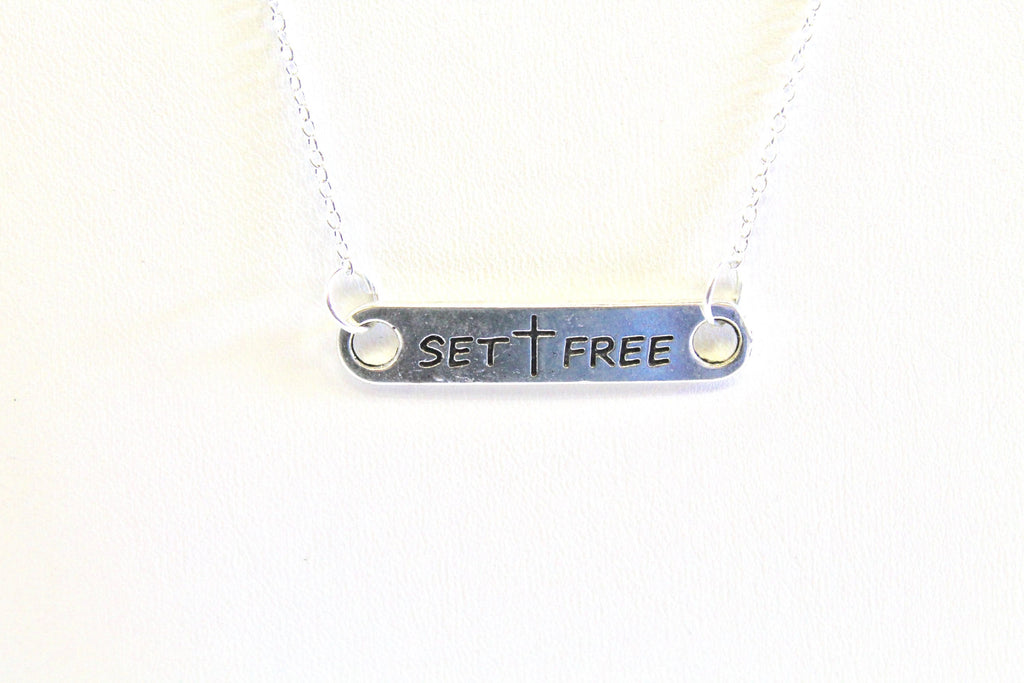 Set Free Cross Pendant Bar Necklace — Baptism Gift