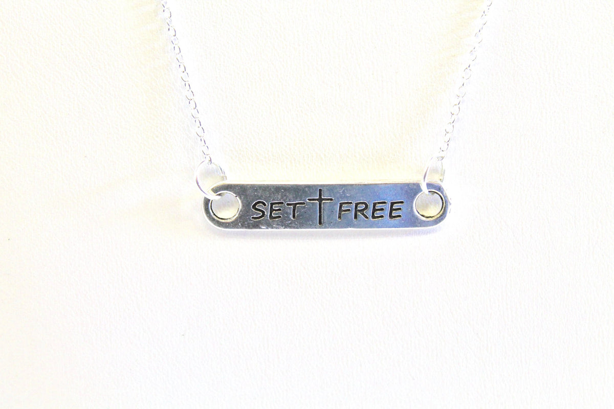 Set Free Cross Pendant Bar Necklace — Baptism Gift